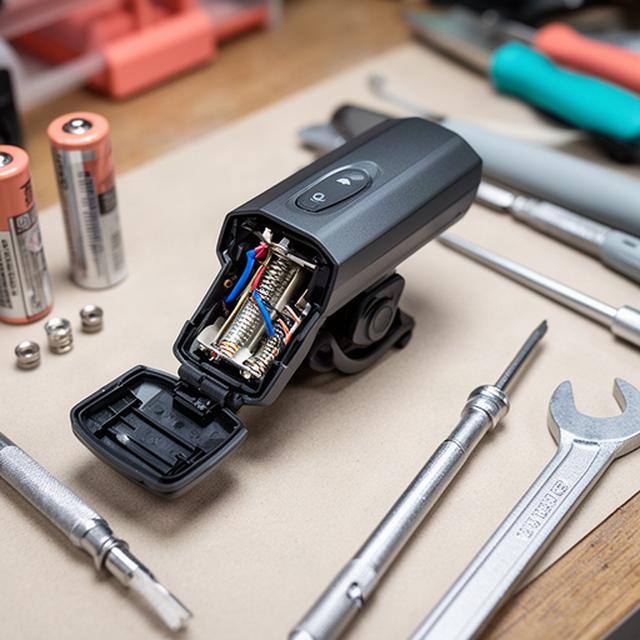 Fahrradlicht mit geöffnetem Batteriefach neben kleinen Werkzeugen auf einem Werkstatttisch