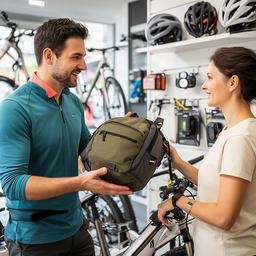 Bertoli Mpanzu erklärt einem Kunden eine Mountainbike-Tasche
