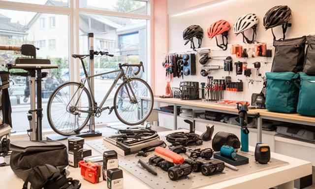 Fahrradzubehör auf einer Werkbank in einem hellen Fachgeschäft in Regensdorf