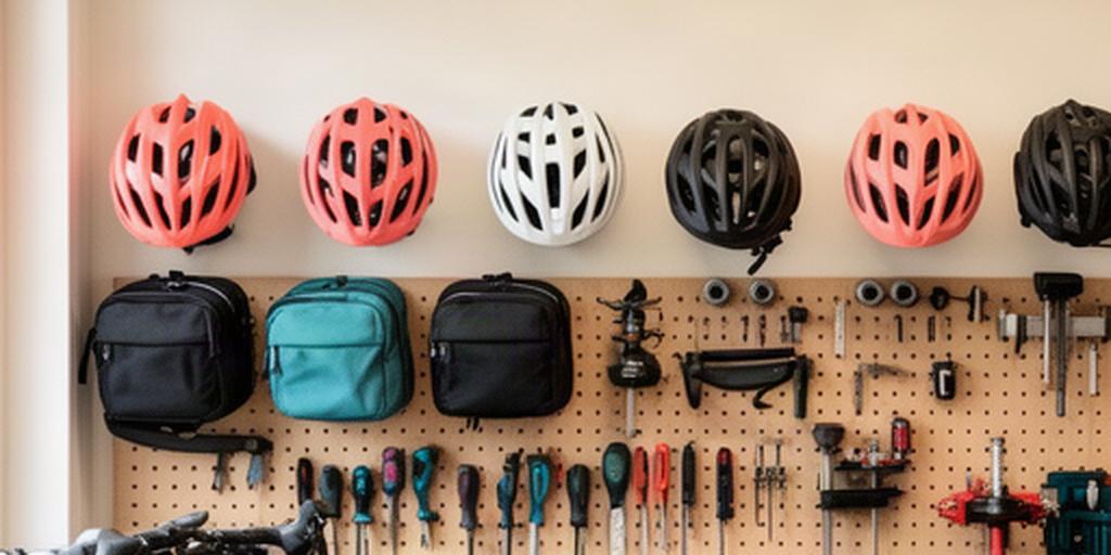 Ordentliche Fahrradwerkstatt mit Helmen, Taschen und Werkzeug an einer Wand in Zürich