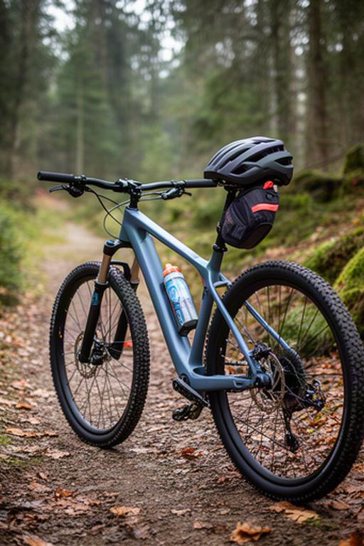 Mountainbike mit Helm, Trinkflasche und Satteltasche auf einem Waldweg bei Zürich