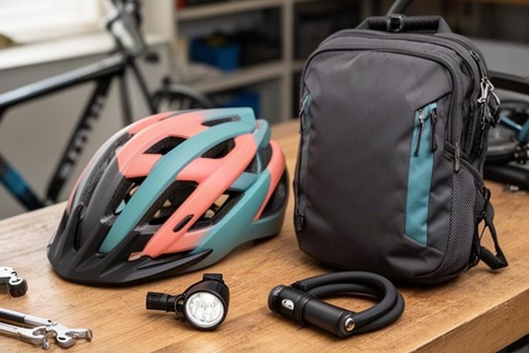 Fahrradhelm, Gepäcktasche und Schloss auf einer Werkbank in Regensdorf