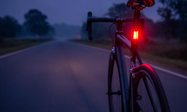 Rennrad mit eingeschaltetem Rücklicht auf einer Strasse in der Abenddämmerung