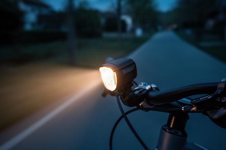 Helles Fahrradlicht an einem Lenker bei einer Abendfahrt in Regensdorf